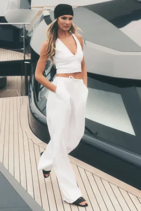 Riviera-broek met wijde pijpen van linnenmix - Wit