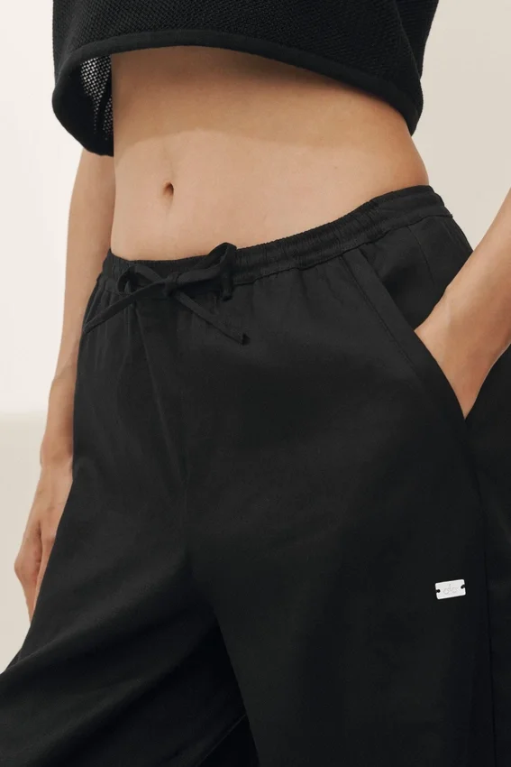 Riviera-broek met wijde pijpen van linnenmix – Zwart