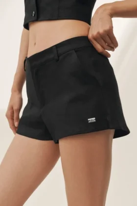 Riviera-korte broek met lage taille van linnenmix – Zwart
