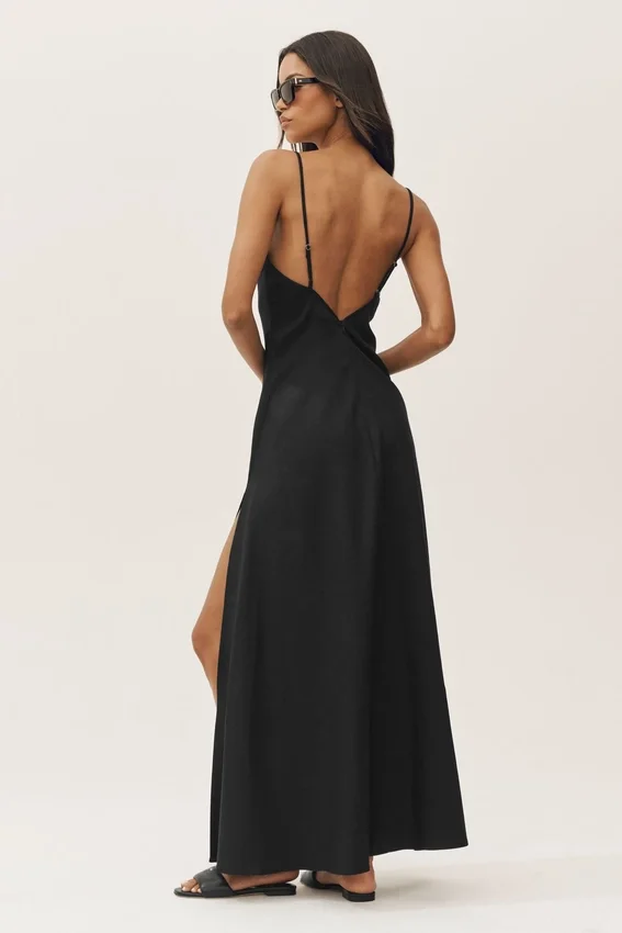 Riviera-maxi-jurk van linnenmix – Zwart