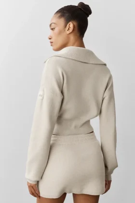 Scholar gebreid cropped jack met doorlopende rits – Oatmeal Heather