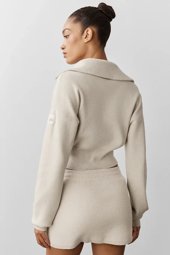 Scholar gebreid cropped jack met doorlopende rits – Oatmeal Heather