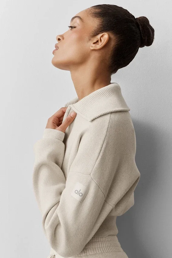 Scholar gebreid cropped jack met doorlopende rits – Oatmeal Heather