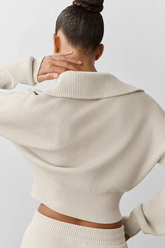 Scholar gebreid cropped jack met doorlopende rits – Oatmeal Heather