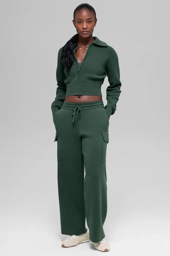 Scholar Knit kort jasje met volledige ritssluiting - klavergroen