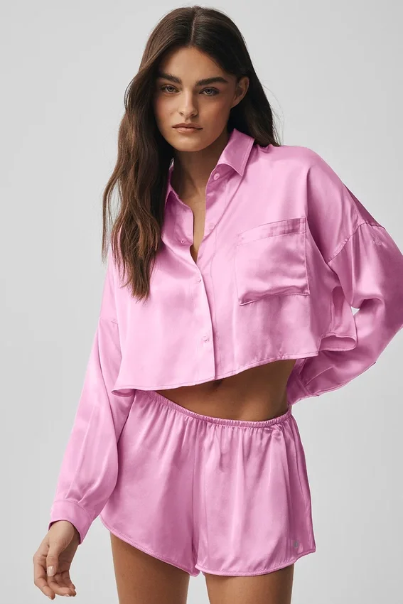 Silk Luminous cropped overhemd met lange mouwen en knopen - Candy Heart Pink