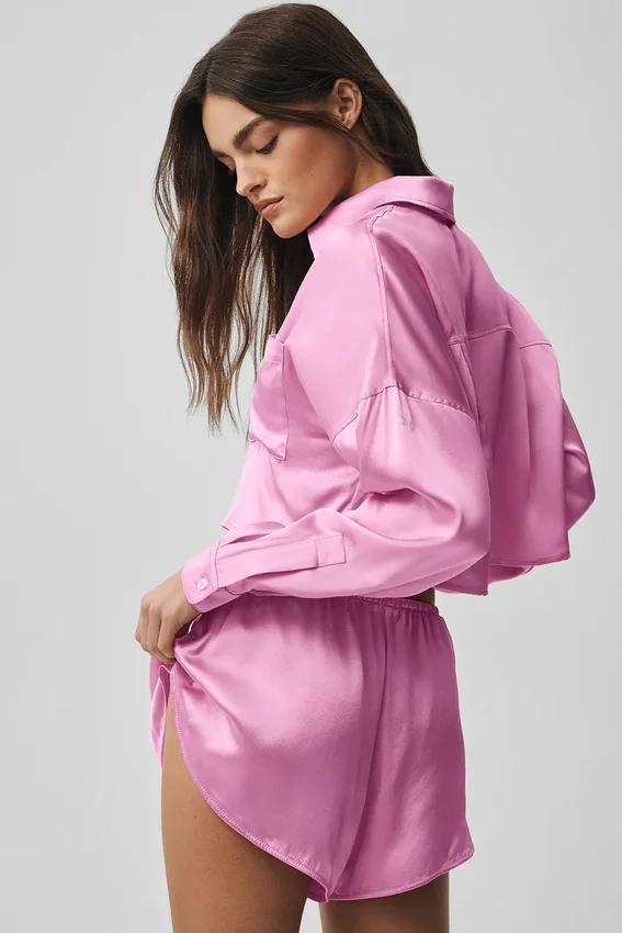 Silk Luminous cropped overhemd met lange mouwen en knopen - Candy Heart Pink