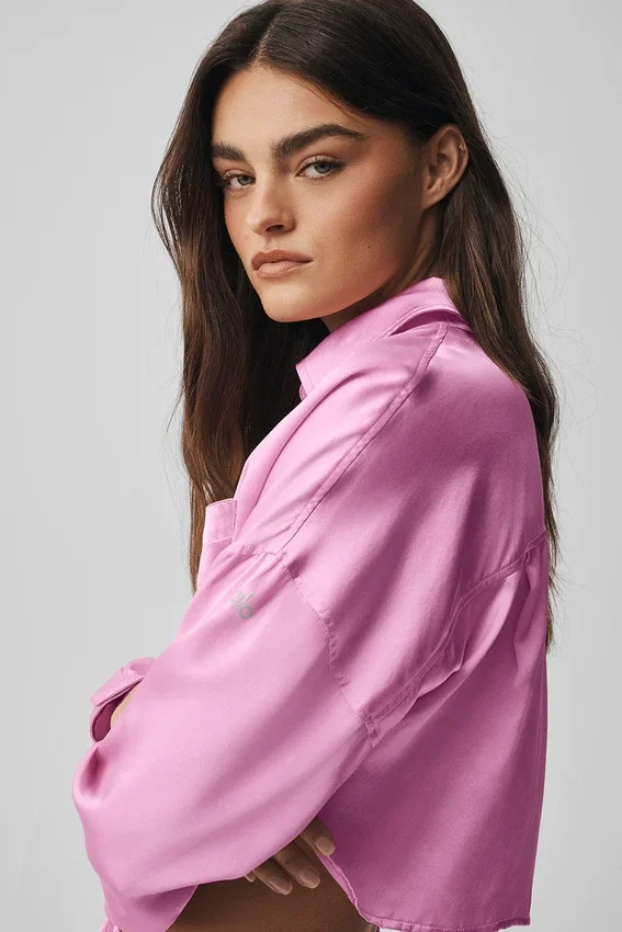 Silk Luminous cropped overhemd met lange mouwen en knopen - Candy Heart Pink