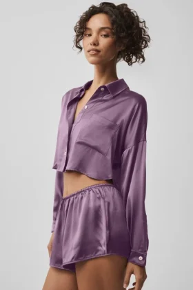 Silk Luminous cropped overhemd met lange mouwen en knopen – Plum Kiss