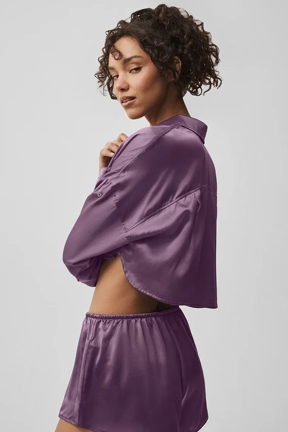 Silk Luminous cropped overhemd met lange mouwen en knopen - Plum Kiss