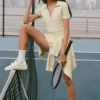 Tennis Club Truie Knit Cropped Polo - Oatmeal/White