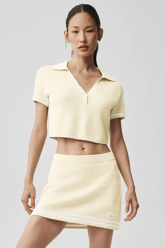 Tennis Club Truie Knit Cropped Polo - Oatmeal/White