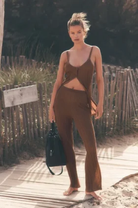 Trui-achtige broek met High-Waist en rechte pijpen in Sunlit - Sun Kissed Brown