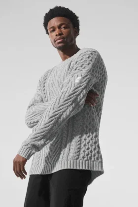 Trui met rondhals en kabelpatroon – Athletic Heather Grey