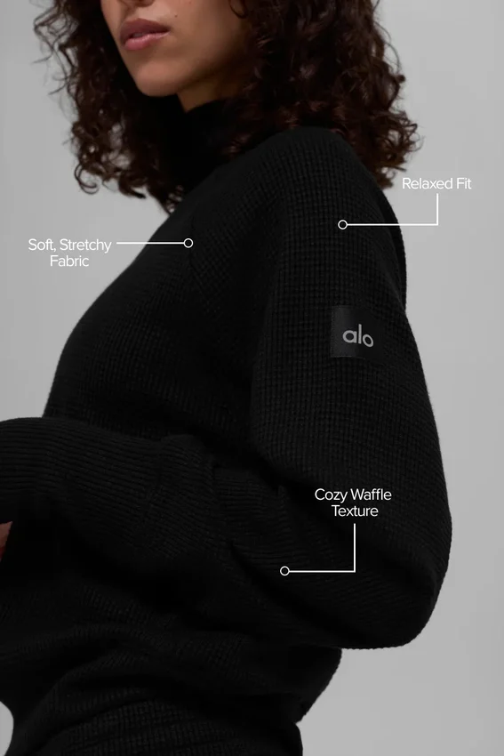 Waffle Weekend Escape Mock Neck met lange mouwen - Zwart