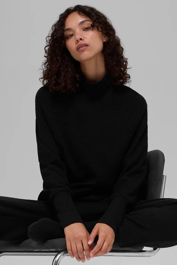 Waffle Weekend Escape Mock Neck met lange mouwen - Zwart
