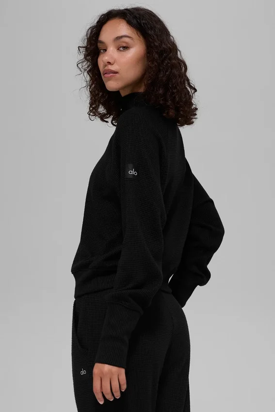Waffle Weekend Escape Mock Neck met lange mouwen - Zwart