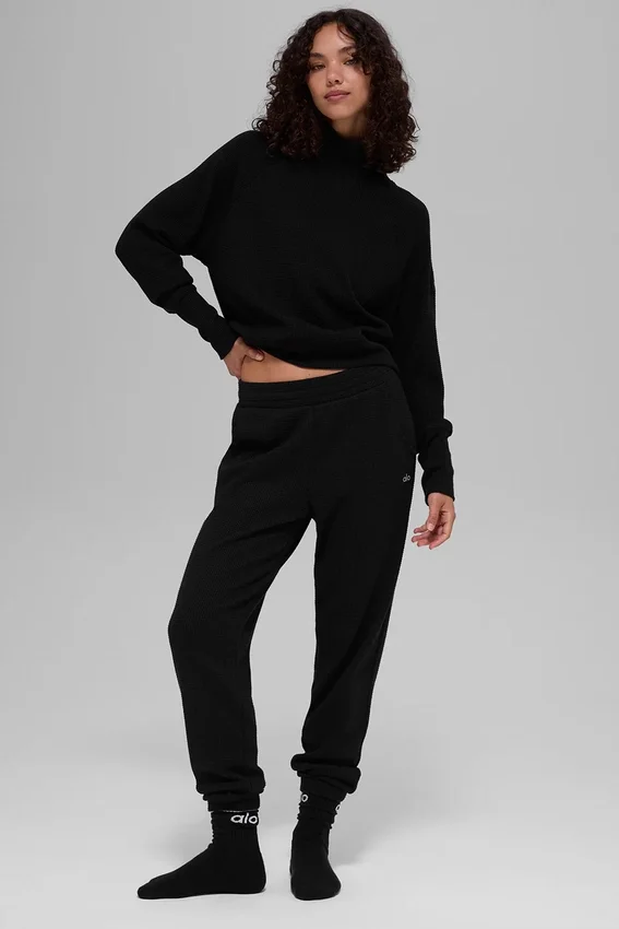 Waffle Weekend Escape Mock Neck met lange mouwen - Zwart
