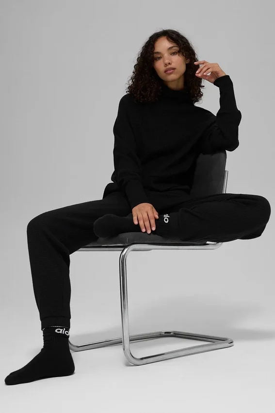 Waffle Weekend Escape Mock Neck met lange mouwen - Zwart