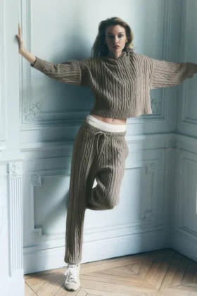 Winter Bliss-broek met kabelpatroon - Licht cacao