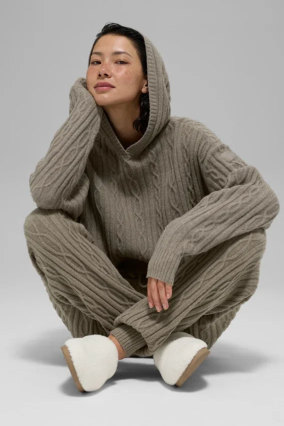 Winter Bliss-hoodie met kabelpatroon - Licht cacao