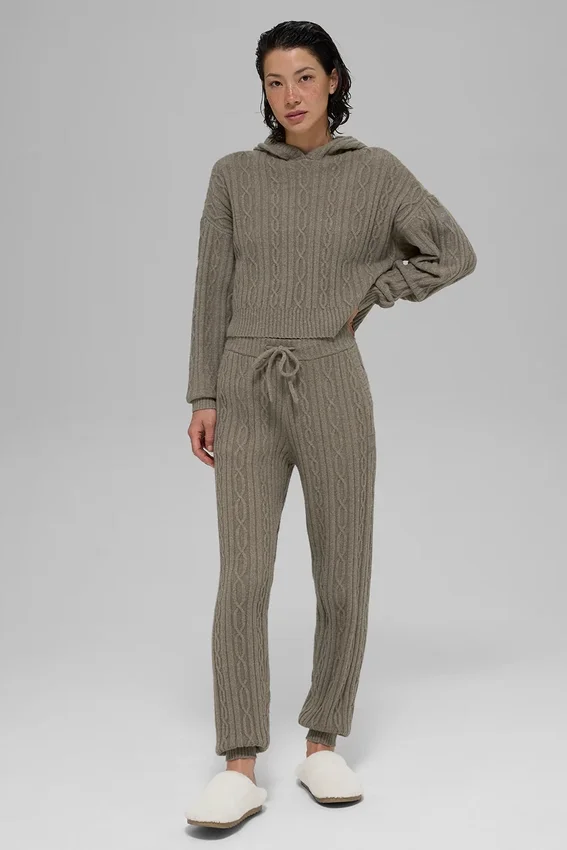 Winter Bliss-hoodie met kabelpatroon - Licht cacao