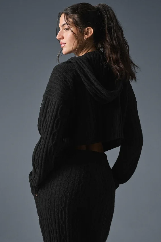 Winter Bliss-hoodie met kabelpatroon - Zwart