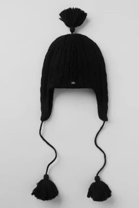 Winter Bliss-mutsen met oorkleppen in kabelpatroon - Zwart