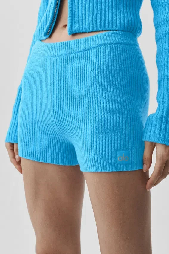 Wollen kasjmier geribbelde Noble-korte broek - azuurblauw