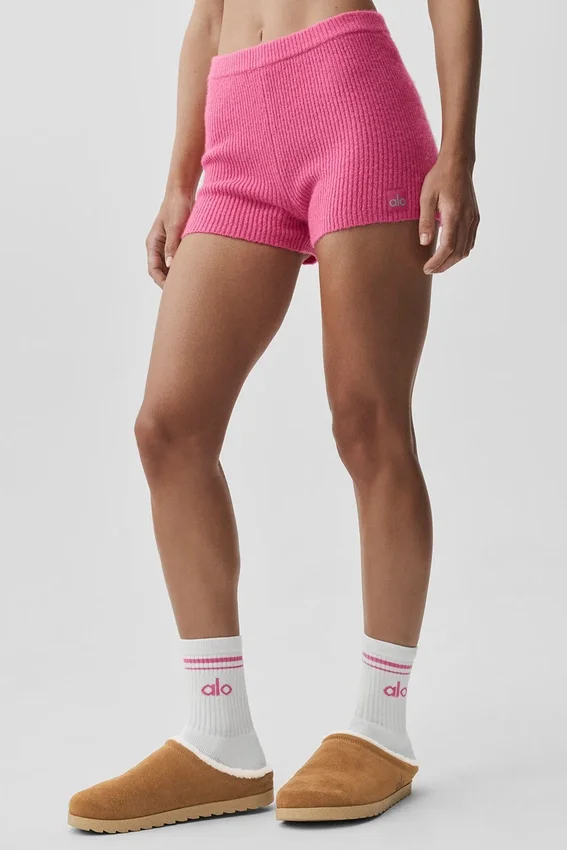 Wollen kasjmier geribbelde Noble-korte broek – Paradise Pink