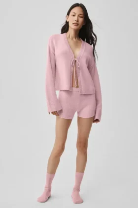 Wollen kasjmier geribbelde Noble-korte broek – Vintage roze
