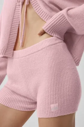 Wollen kasjmier geribbelde Noble-korte broek – Vintage roze