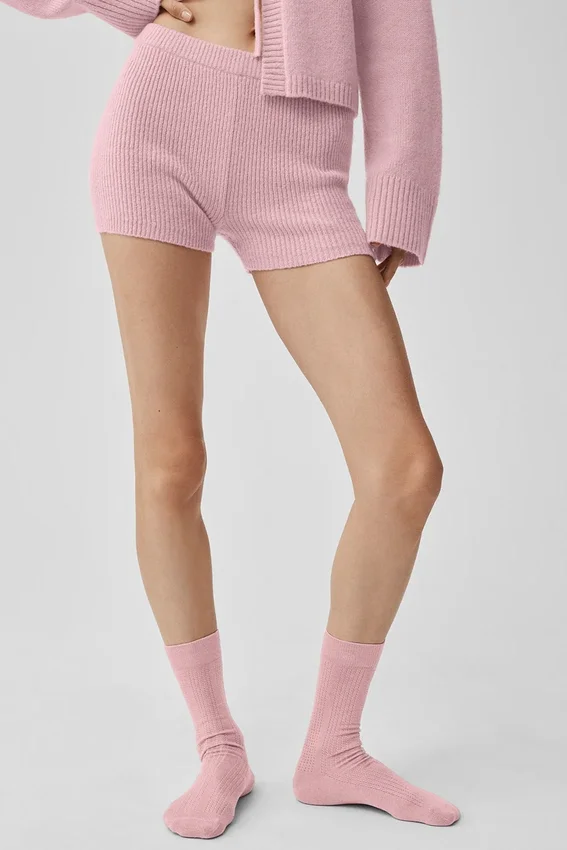 Wollen kasjmier geribbelde Noble-korte broek – Vintage roze