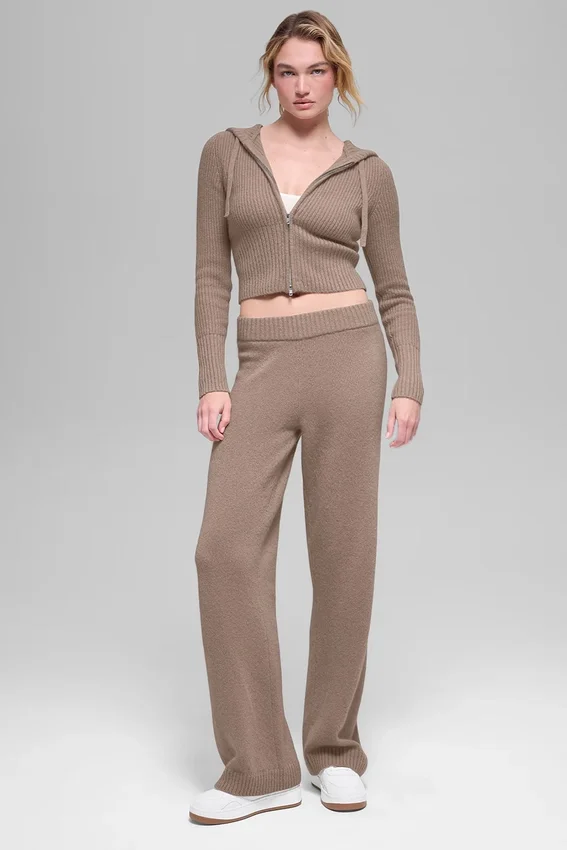 Wollen kasjmier geribde Noble Hoodie met volledige ritssluiting - Chai Latte