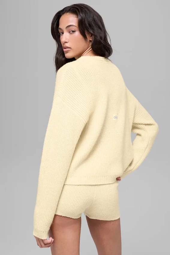 Wollen kasjmier geribde Noble-trui met ronde hals - Candlelight Yellow