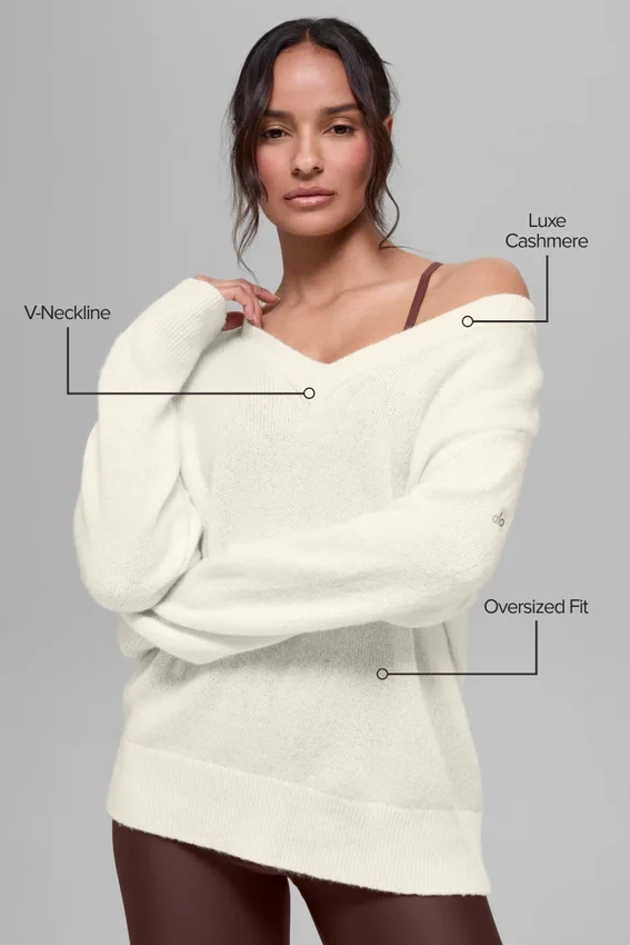 Wollen kasjmier New Class oversized trui met V-hals - ivoor