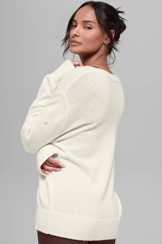 Wollen kasjmier New Class oversized trui met V-hals - ivoor