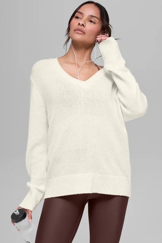 Wollen kasjmier New Class oversized trui met V-hals - ivoor