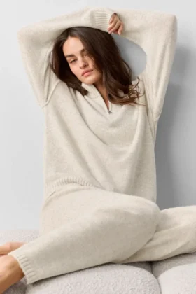 Wollen kasjmier New Class trui met 1/4 rits – Oatmeal Heather