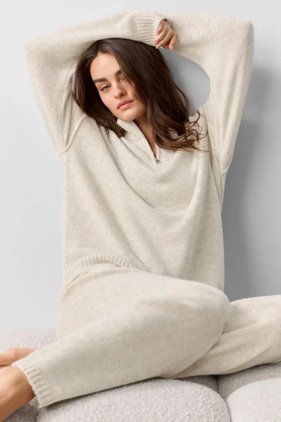Wollen kasjmier New Class trui met 1/4 rits – Oatmeal Heather