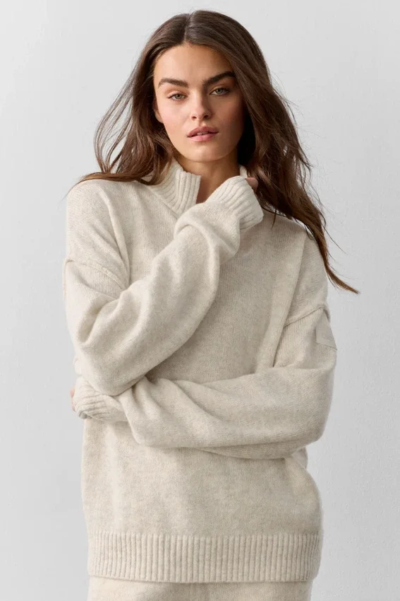 Wollen kasjmier New Class trui met 1/4 rits – Oatmeal Heather