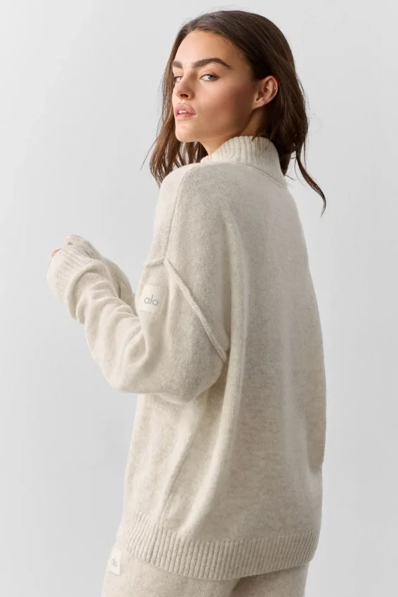 Wollen kasjmier New Class trui met 1/4 rits – Oatmeal Heather