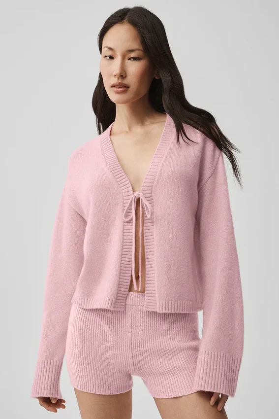 Wollen kasjmier New Class-vest met strik - Vintage roze