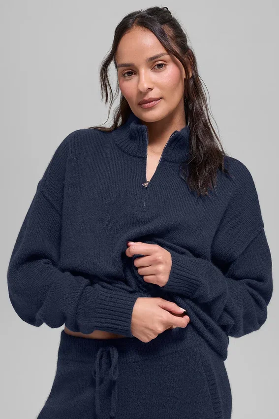 Wool Cashmere New Class trui met 1/4 rits - Navy