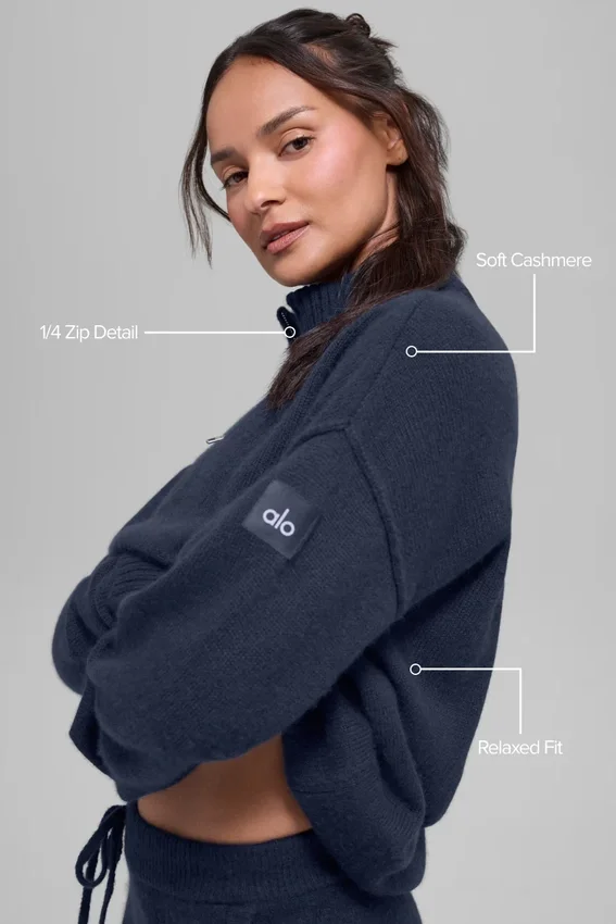 Wool Cashmere New Class trui met 1/4 rits - Navy
